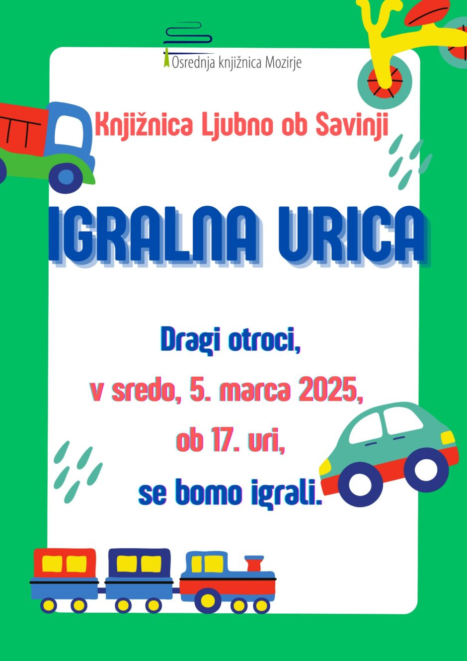 Plakat za igralno urico v Knjižnici Ljubno ob Savinji